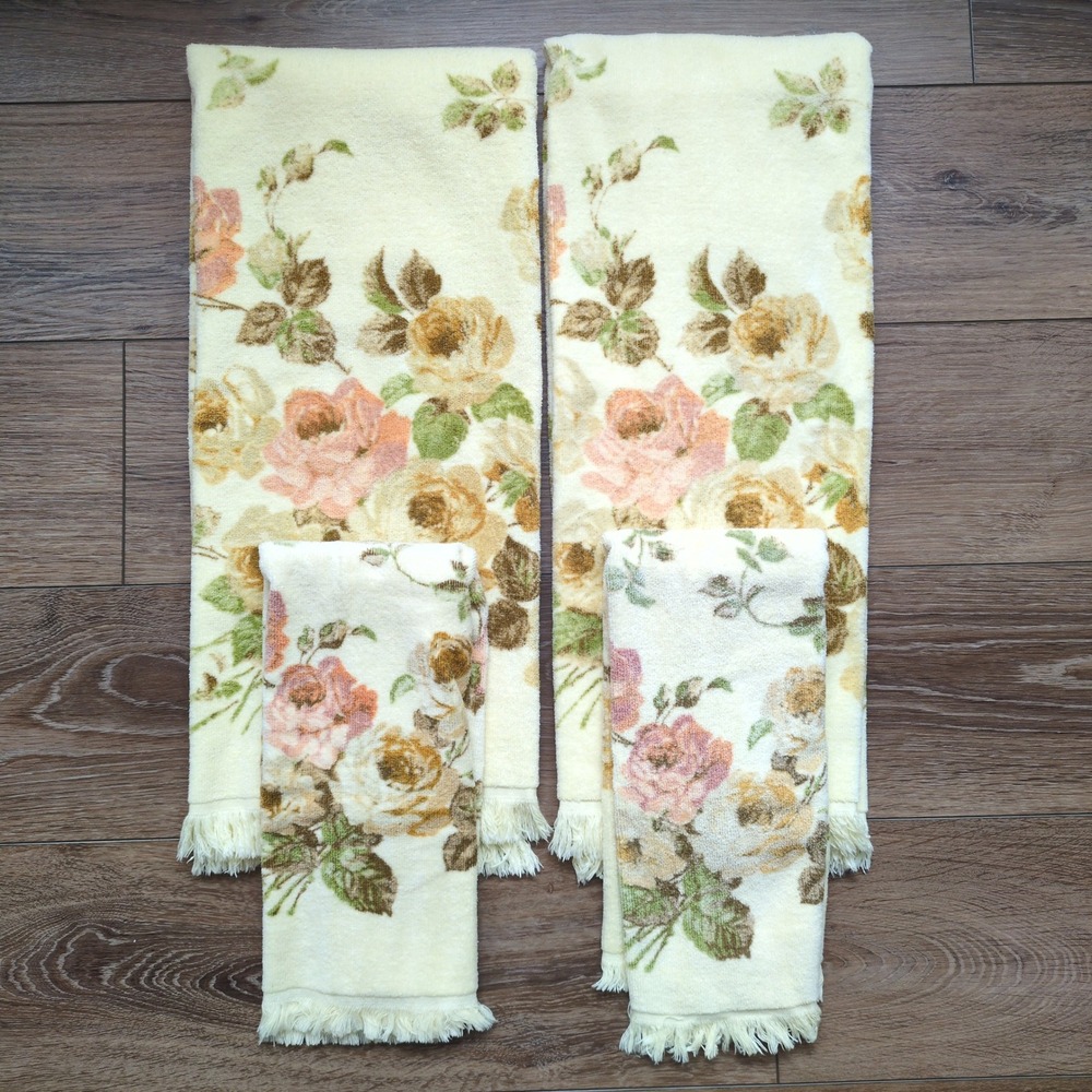 Vintage Cannon Royal Family 4pc Towel Set Yellow Floral Rose Fringed Bath Hand